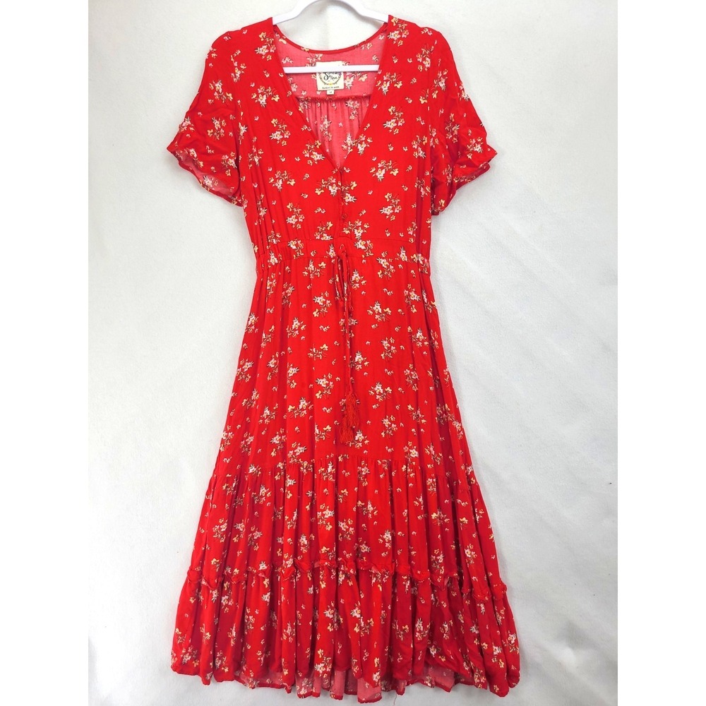 Sunday Mi Amor Tiered Midi Dress Red Floral Sz Med Cottage Core Farm Girl